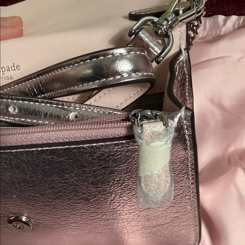 NWT Kate Spade Pink Metallic Crinkle Mini Flap Crossbody Silver Chain Clutch - Picture 7 of 15